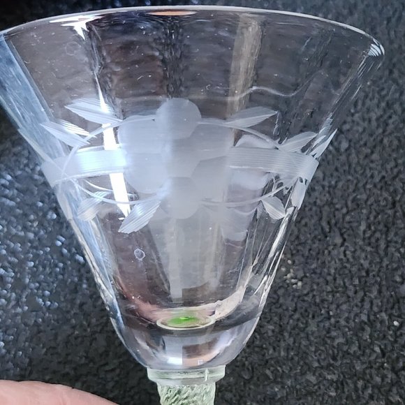 Weston Green Vaseline Stem Floral Stripe Etched Cordial 5.5" Depression Glass - Picture 3 of 12